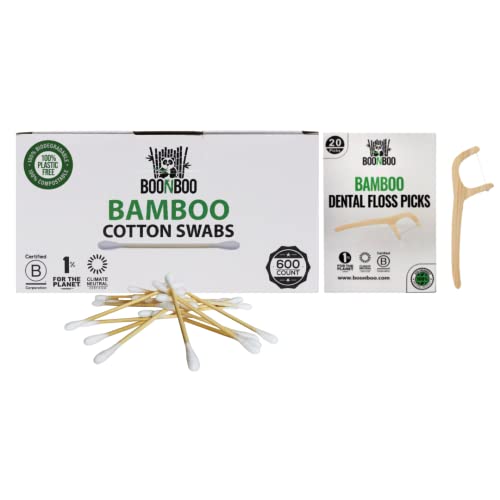 BOONBOO Bamboo Cotton Swabs & Floss Picks - Biodegradable, Multipurpose Use - 600ct + 20ct