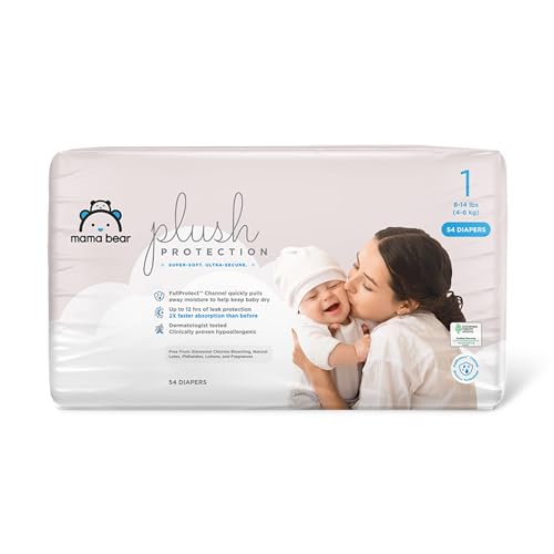 Mama Bear Plush Protection Diapers - Hypoallergenic, 12-Hour Leak Protection, Size 1, 54 Count