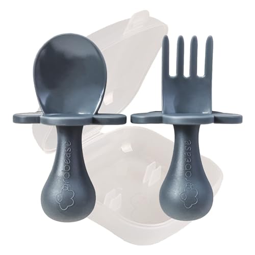 Grabease Baby Spoon & Fork Set - Encourages Self-Feeding, BPA-Free & Safe Design - Gray