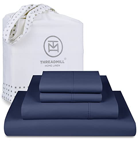 Threadmill Queen Bed Sheet Set - 1000 Thread Count Supima Cotton, Deep Pocket, Folkstone Blue