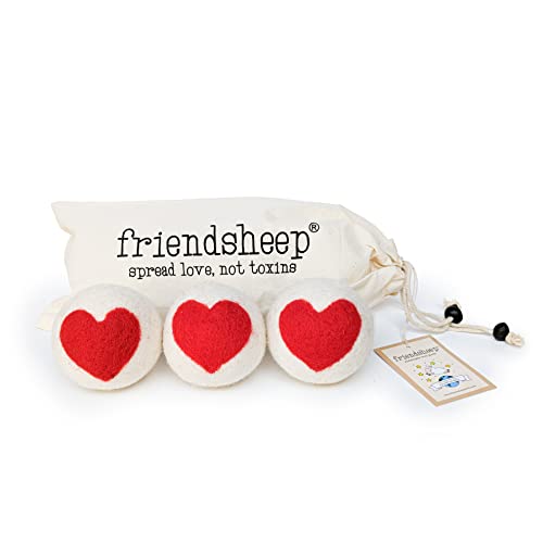 Friendsheep Wool Dryer Balls - Organic Fabric Softener, Red Heart Design, 3 Pack XL