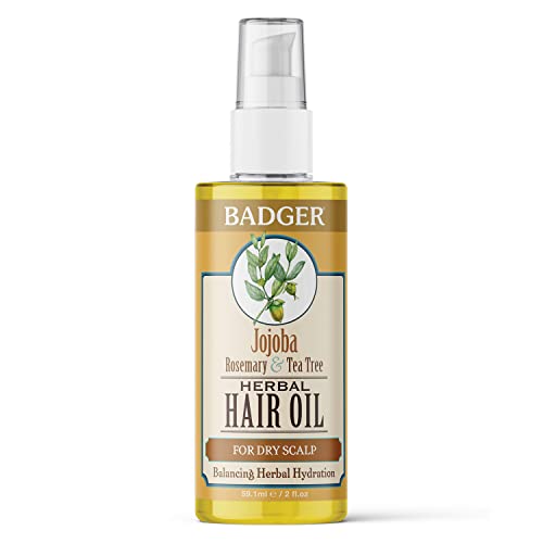 Badger Jojoba Hair Oil - Nourishing Dry Scalp Treatment with Tea Tree & Rosemary - 2 fl oz