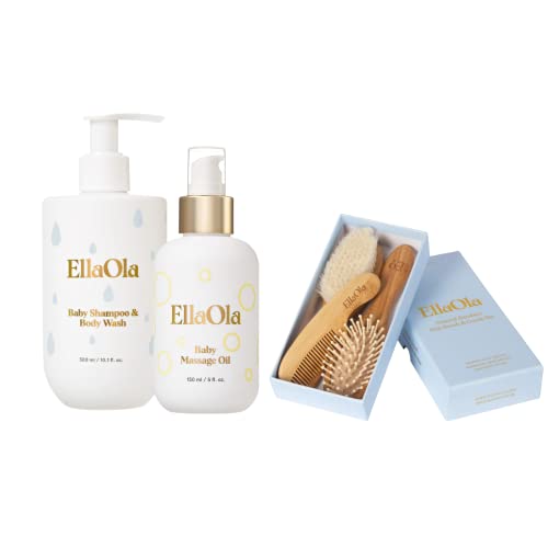 EllaOla Baby Bath Treatment Set - Organic Tear-Free Shampoo, Massage Oil, Bamboo Brush & Comb