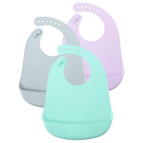 PandaEar Silicone Baby Bibs - Soft, Adjustable, Waterproof, Easy-Clean, 3-Pack - Blue/Purple/Grey