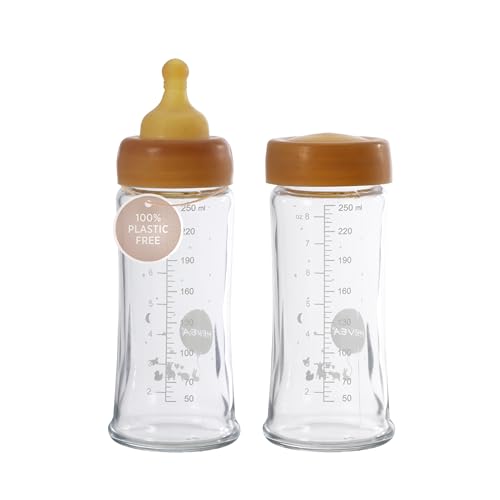 HEVEA Wide Neck Baby Glass Bottle 2-Pack - Anti-Colic, Biodegradable Caps, 250ml