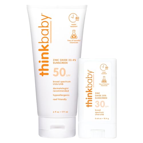 Thinkbaby Kids Sunscreen - Broad Spectrum UVA/UVB Protection, Water Resistant - 6oz & 0.64oz