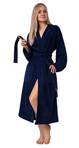 Bagno Milano Women's Bathrobe - GOTS Certified Organic Turkish Cotton, Soft Kimono Style - Navy Blue