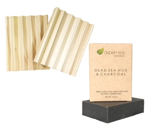 Dead Sea Mud & Charcoal Soap Set - Organic Oils, Vegan, Natural Wood Dish, 2 Bars