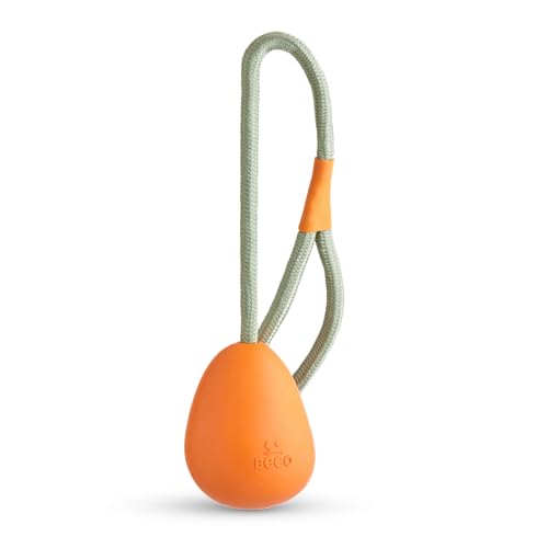 Beco Dog Toy - Durable Natural Rubber Ball on Recycled Rope, Safe Fetch Play - Orange, 3.5x4.25x17in