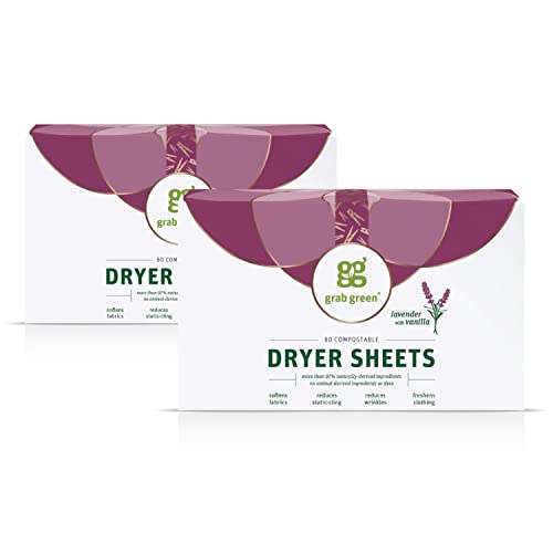 Grab Green Fabric Softener Dryer Sheets - Reduces Static & Wrinkles, Lavender Vanilla - 160 Sheets