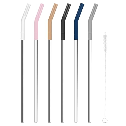 Tronco Stainless Steel Straw Set - BPA-Free, Flexible Silicone Tips, 6 Straws & Brush - 10.6in