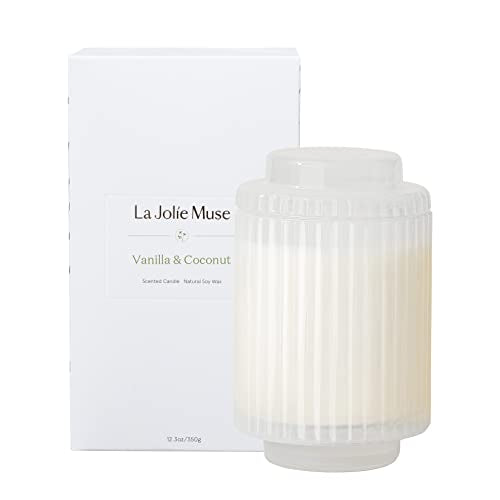 LA JOLIE MUSE Vanilla & Coconut Candle - Long-Lasting Aroma, Natural Soy Wax, Reusable Jar - 12.3oz