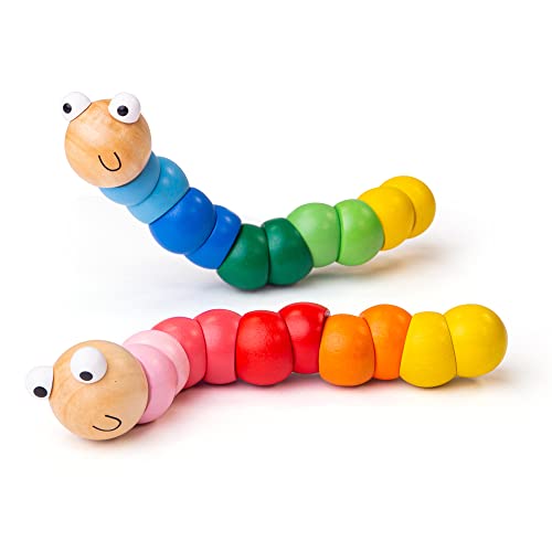 Bigjigs Toys Wooden Wiggly Worms - Colorful Sensory Fidget, Safe for 1+, 2 Pack