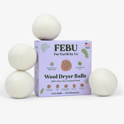 FEBU Wool Dryer Balls - Reduces Wrinkles & Drying Time, 100% New Zealand Wool - 4 XL Balls