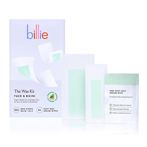 Billie Waxing Kit - Smooth Skin for Face & Bikini, Avocado Oil Infused - 32 Strips & 6 Wipes