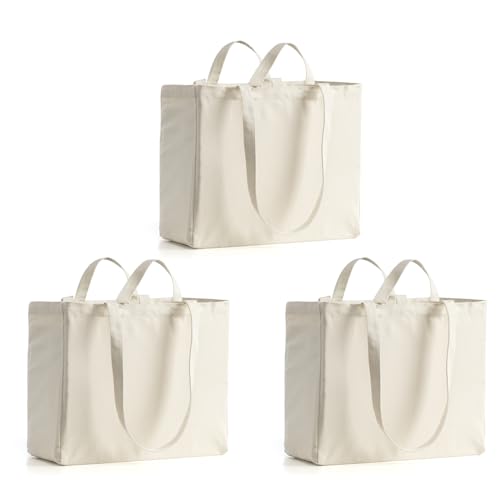 LINICE Heavy Duty Tote Bags - 80lbs Capacity, Washable Natural Cotton, 3 Pack