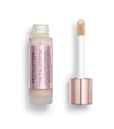 Revolution Beauty Conceal & Define Foundation - Full Coverage, Oil-Free, Vegan, F3 Fair - 0.8 Fl.Oz.