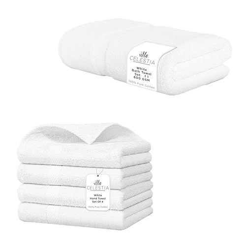 Premium 100% Cotton Towel Set - Ultra-Absorbent, Soft, Safe for Skin - 5-Pack, White