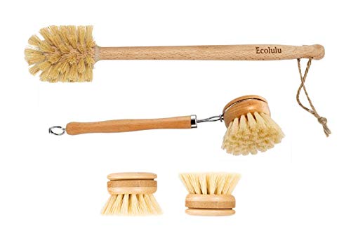 ECOLULU Bamboo Dish & Bottle Brush Set - Biodegradable, Durable, 2 Replacement Heads - 4 Units