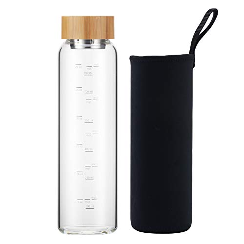 sunkey Glass Water Bottle - Time Marked for Hydration, Bamboo Lid, 32oz Portable Design