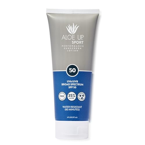 Aloe Up Sport Sunscreen Lotion SPF 50 - Hydrating Aloe Vera, Non-Greasy, Reef Safe - 6 Oz.