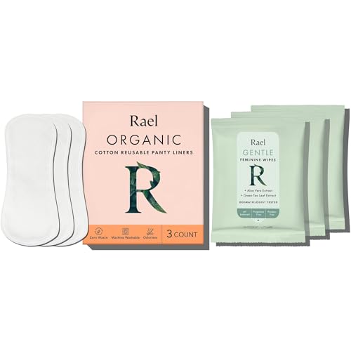 Rael Feminine Care Set - Organic Cotton Reusable Pantyliners & Botanical Wipes - 3 Liners, 20 Wipes