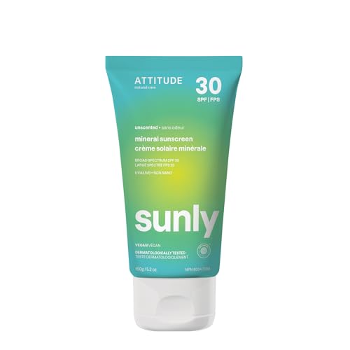 ATTITUDE Mineral Sunscreen - EWG Verified, Broad Spectrum SPF 30, Vegan, Unscented - 5.2oz