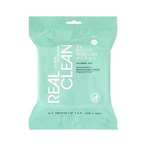 Real Techniques XL Makeup Removing Wipes - Hydrating, Fragrance-Free, 25 Count