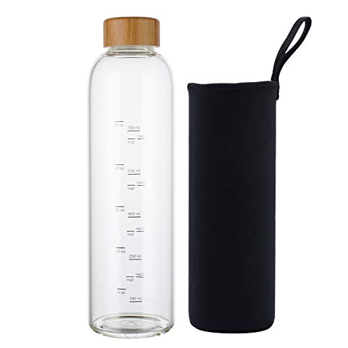 Sunkey 32oz Glass Water Bottle - Time Marked for Hydration, Bamboo Lid, Neoprene Sleeve - Black