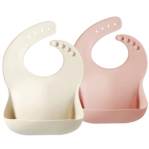 PandaEar Silicone Baby Bibs - Soft, Adjustable, Waterproof with Food Catcher, 2 Pack (Pink Tawny)