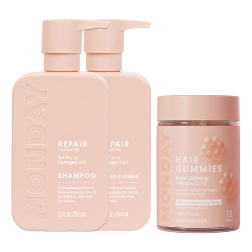 MONDAY HAIRCARE Repair Shampoo & Conditioner Set - Nourishes Dry Hair, Vegan Gummies - 12oz & 60ct