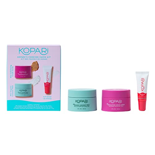 Kopari Body and Lip Kit - Hydrating Coconut Melt & Exfoliating Scrub, Vegan - 3 Mini Products