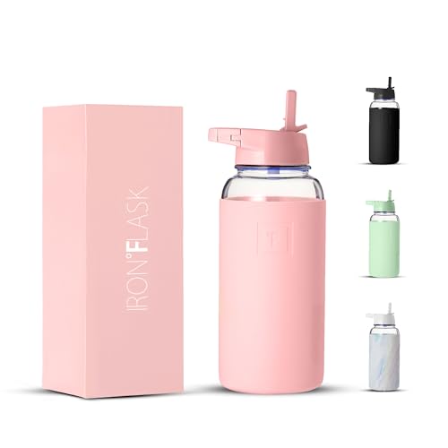 IRON °FLASK Glass Sports Water Bottle - Leak Proof, BPA Free, Durable Design - Rose, 32 Oz