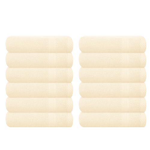 GLAMBURG Ultra Soft Cotton Washcloths Set - Durable, Highly Absorbent, 12 Pack, Ivory, 13x13