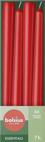 Bolsius Tapered Candles - Vibrant Red, 7-Hour Burn, Natural Vegan Wax - 8-Pack, 24.5 cm