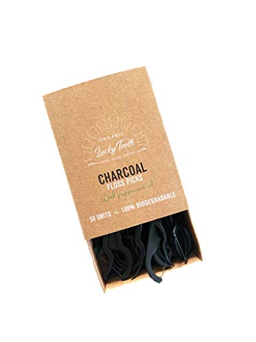 Improved Biodegradable Charcoal Floss Picks - Strong, Minty Fresh, Plastic-Free, 50 Units