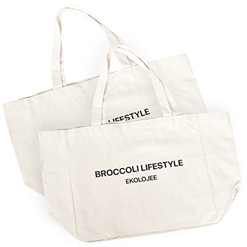 EKOLOJEE Large Canvas Tote Bag - Organic Cotton, Heavy Duty, Multi-Compartment, Set of 2