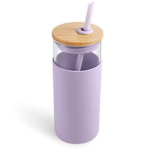 Tronco 20oz Glass Water Bottle - Odor-Free, BPA-Free, Bamboo Lid, Silicone Sleeve - Light Purple