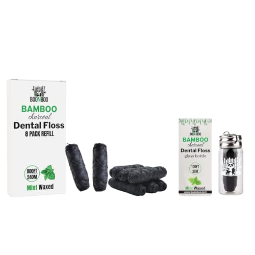 BOONBOO Dental Floss - Bamboo Charcoal, Compostable, Mint Flavor, Refillable Glass - 100FT x 8