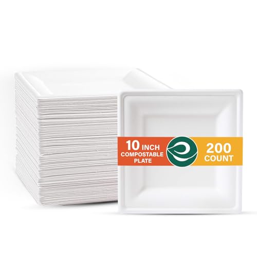 ECO SOUL 10-Inch Square Paper Plates - 100% Compostable, PFAS-Free, Heavy-Duty - 200 Pack