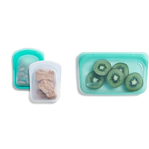 Stasher Reusable Silicone Storage Bags - Leak-Free, Microwave Safe, 2 Pocket + Snack Pack - Aqua