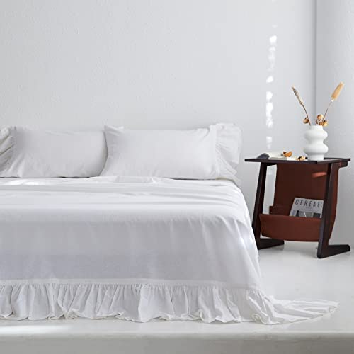 King Linens Belgian Linen Sheet Set - Elegant Long Ruffles, OEKO-TEX Certified - 4pcs, White