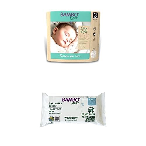 Bambo Nature Overnight Baby Diapers - Super Absorbent, 100% Plant-Based Wipes, Size 3