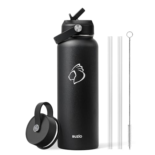 BUZIO 40oz Insulated Water Bottle - Keeps Drinks Cold 48H & Hot 24H, BPA-Free, 2 Lids