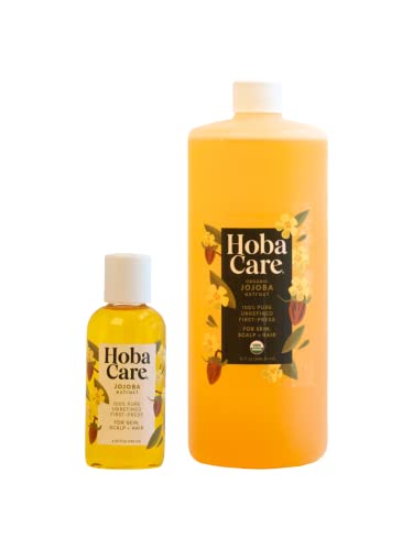 HobaCare Jojoba Oil - 100% Pure Cold Pressed, Moisturizing for Skin & Hair - 32oz + 4.22oz