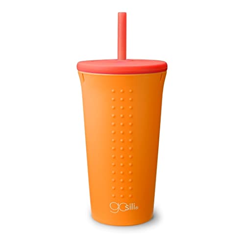 GoSili Reusable Silicone Cup with Lid - Non-Toxic, Dishwasher Safe, 16oz Orange/Red