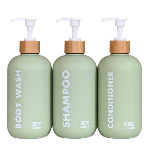 OLLIES Shampoo & Conditioner Dispenser Set - Stylish Bamboo Lids, Refillable 17oz Bottles - 3 Pack