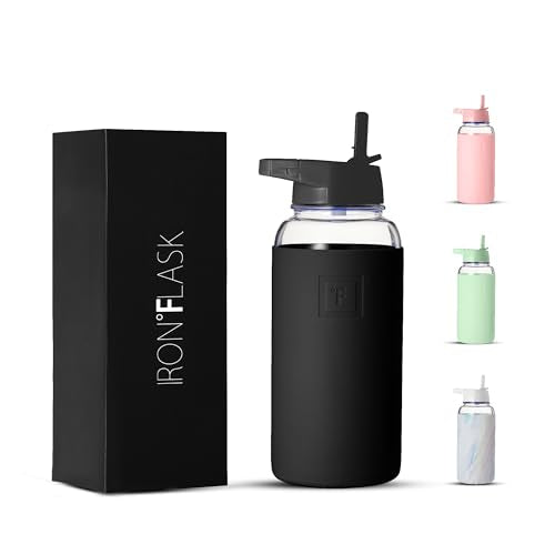 IRON °FLASK Glass Water Bottle - Leak Proof, Durable Borosilicate, 32 Oz Midnight Black