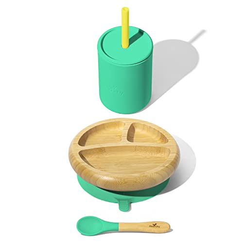 Avanchy Bamboo Baby Feeding Set - Safe, Portion-Control Suction Plate & Silicone Cup with Straw