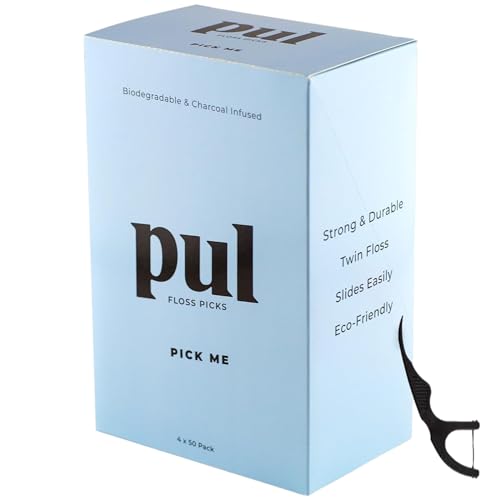 PUL Dental Floss Picks - Charcoal Infused, Durable, Minty Fresh - 200 Count, BPA Free
